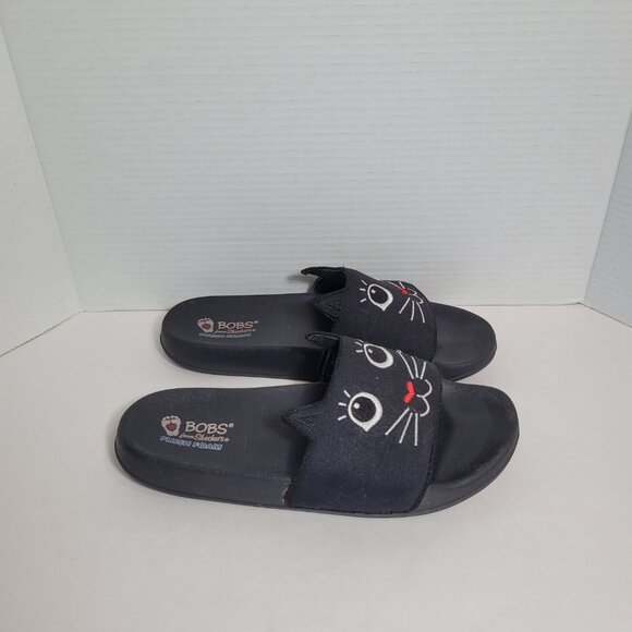 Bobs By Skechers Black Cat Slides Sandals Plush Foam w/ Ears Size 10 - Picture 2 of 8